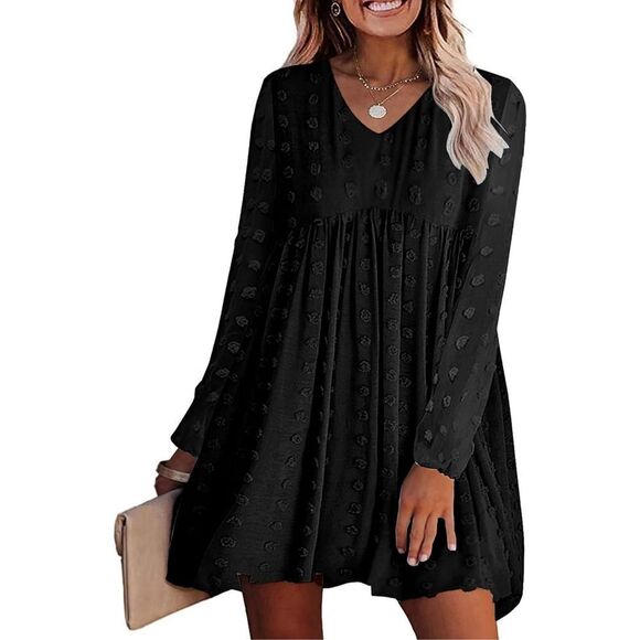 NEW Black V Neck Flowy Mini Dress Swiss dot Chiffon S - Picture 1 of 4